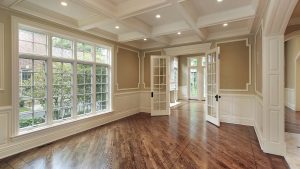 Dining room in new construction home with large windows