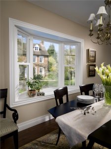 A bay window in a dining room